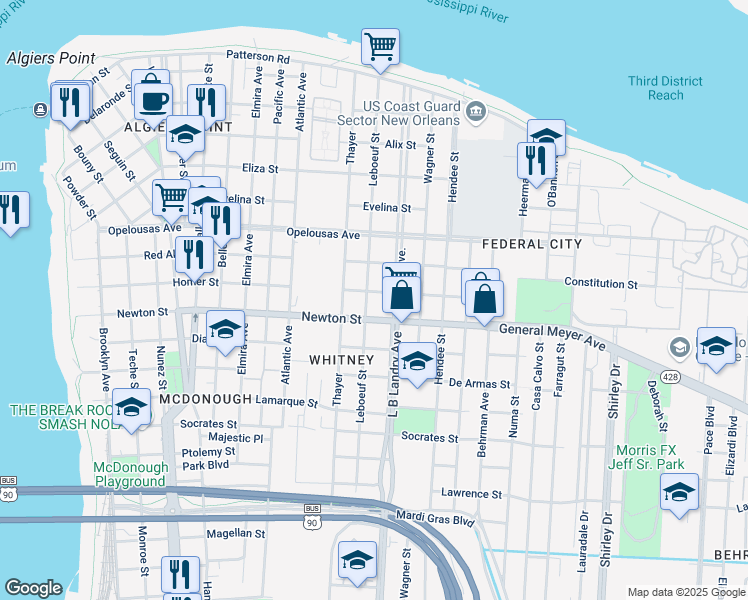 map of restaurants, bars, coffee shops, grocery stores, and more near 914 Leboeuf Street in New Orleans