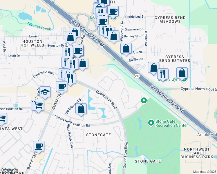 map of restaurants, bars, coffee shops, grocery stores, and more near 12122 Canyon Mills Drive in Houston