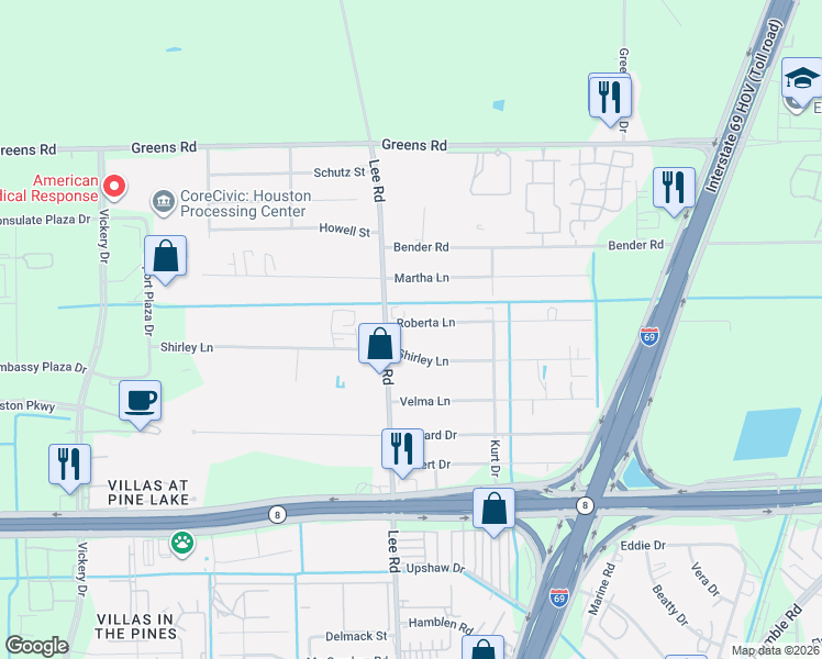 map of restaurants, bars, coffee shops, grocery stores, and more near 5830 Roberta Lane in Humble