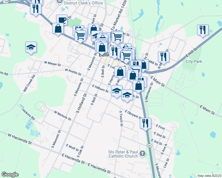 map of restaurants, bars, coffee shops, grocery stores, and more near 313 E Austin St in Bellville