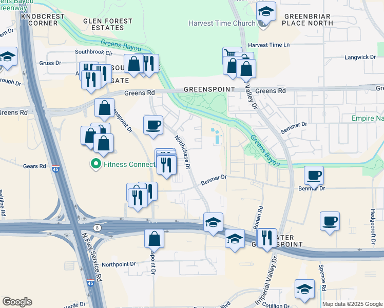 map of restaurants, bars, coffee shops, grocery stores, and more near 16850 Northchase Drive in Houston