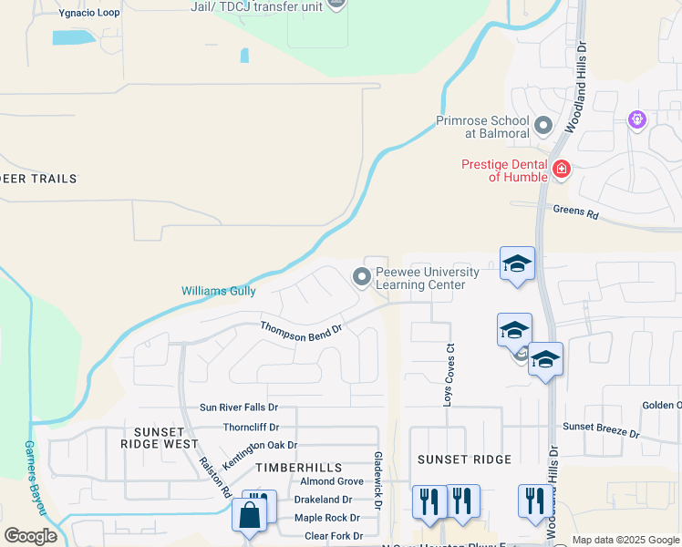 map of restaurants, bars, coffee shops, grocery stores, and more near 15450 hillside mill dr in Humble