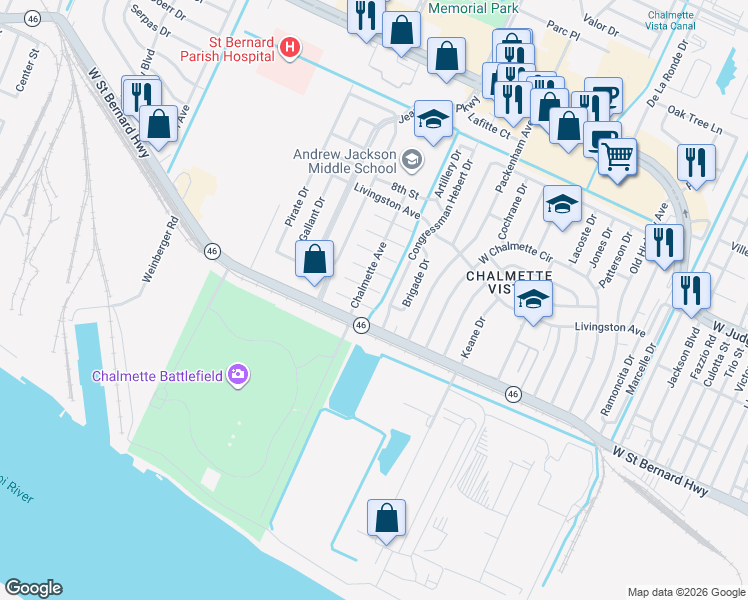 map of restaurants, bars, coffee shops, grocery stores, and more near 202 2nd Street in Chalmette