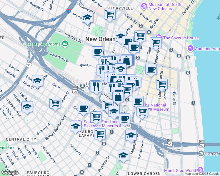 map of restaurants, bars, coffee shops, grocery stores, and more near 825 Baronne Street in New Orleans