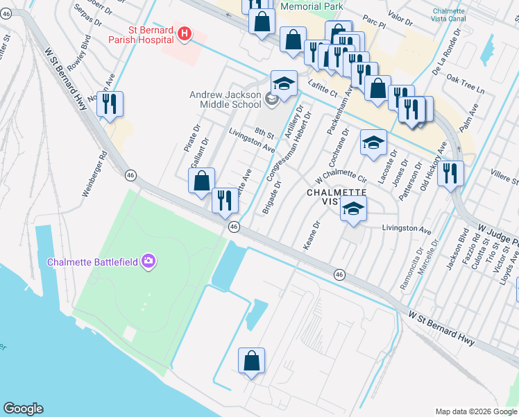 map of restaurants, bars, coffee shops, grocery stores, and more near 2025 Brigade Drive in Chalmette