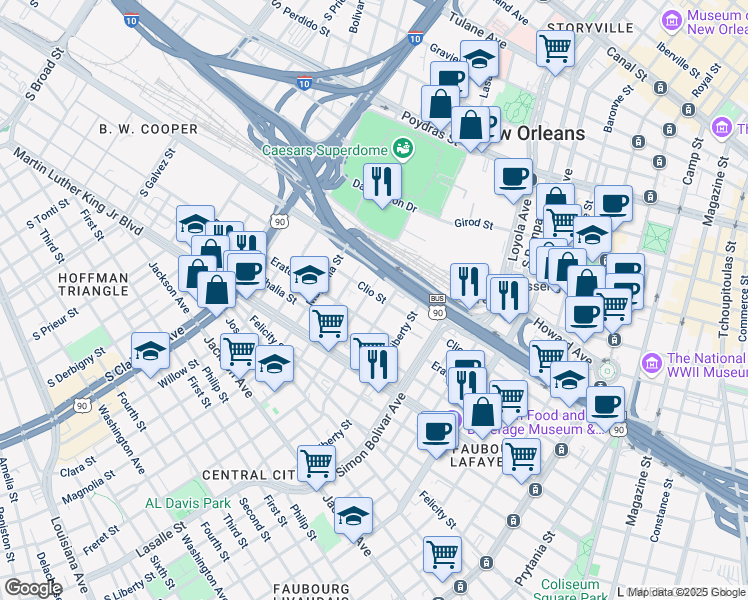 map of restaurants, bars, coffee shops, grocery stores, and more near 2310 Clio Street in New Orleans