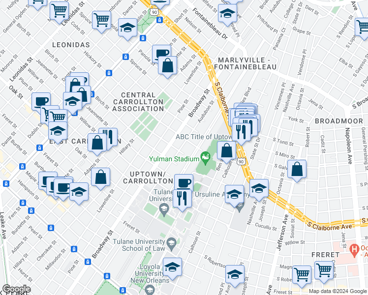 map of restaurants, bars, coffee shops, grocery stores, and more near 1719 Audubon Street in New Orleans