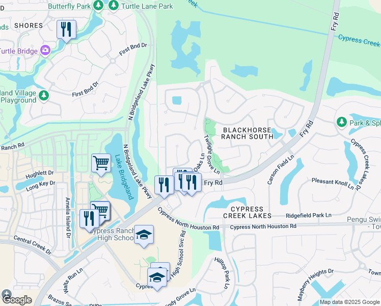 map of restaurants, bars, coffee shops, grocery stores, and more near 11518 Timberly Park Lane in Cypress