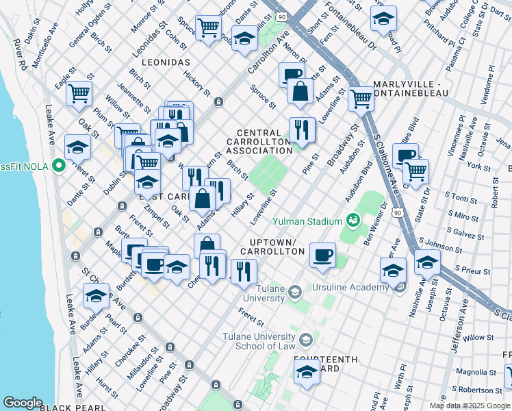 map of restaurants, bars, coffee shops, grocery stores, and more near 7521 Jeannette Street in New Orleans