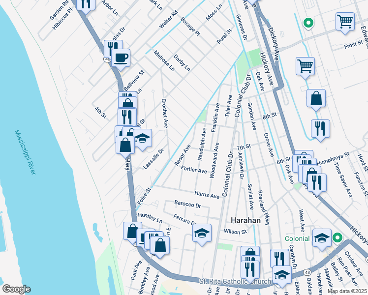 map of restaurants, bars, coffee shops, grocery stores, and more near 660 Resor Avenue in Harahan