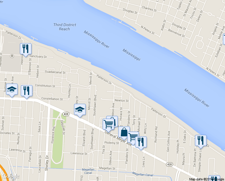 map of restaurants, bars, coffee shops, grocery stores, and more near 849 Odeon Avenue in New Orleans