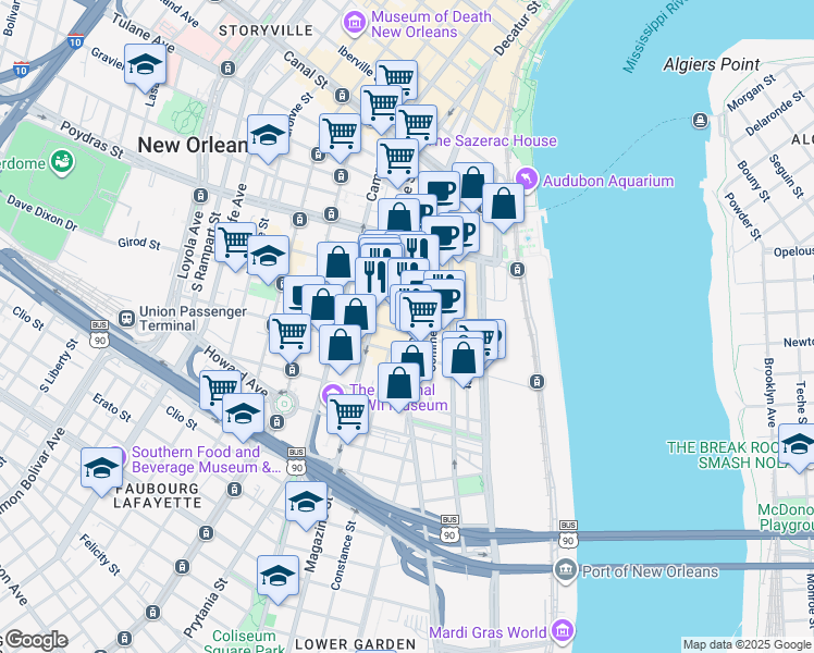 map of restaurants, bars, coffee shops, grocery stores, and more near 731 Tchoupitoulas Street in New Orleans