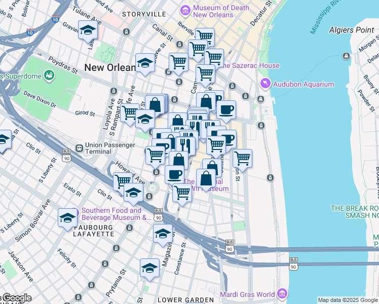map of restaurants, bars, coffee shops, grocery stores, and more near 755 Magazine Street in New Orleans