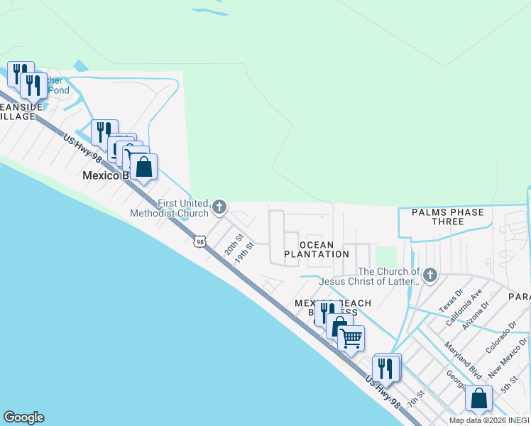 map of restaurants, bars, coffee shops, grocery stores, and more near 250 Lalla Lane in Mexico Beach
