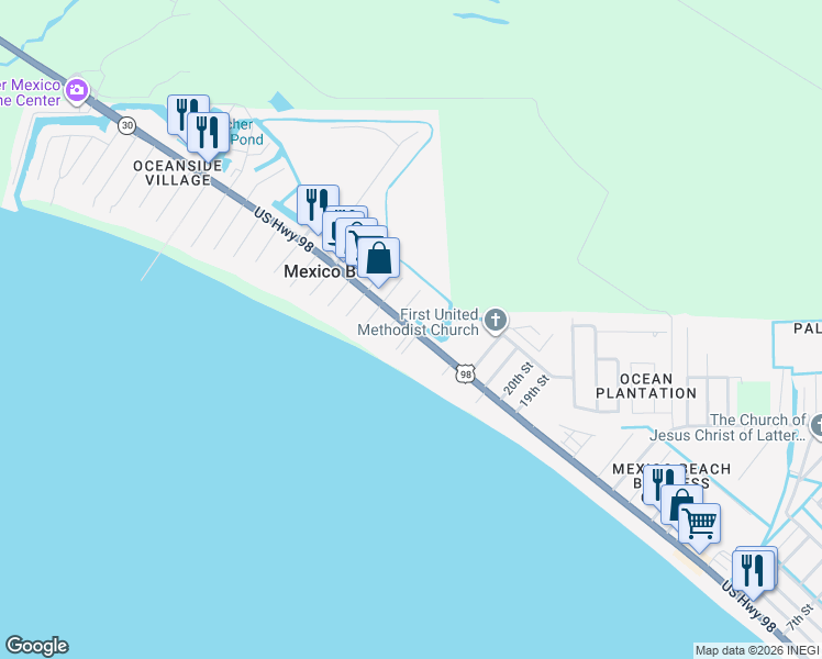 map of restaurants, bars, coffee shops, grocery stores, and more near 2500 U.S. 98 in Mexico Beach