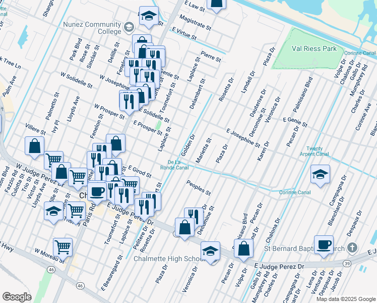 map of restaurants, bars, coffee shops, grocery stores, and more near 505 East Street Avide Street in Chalmette