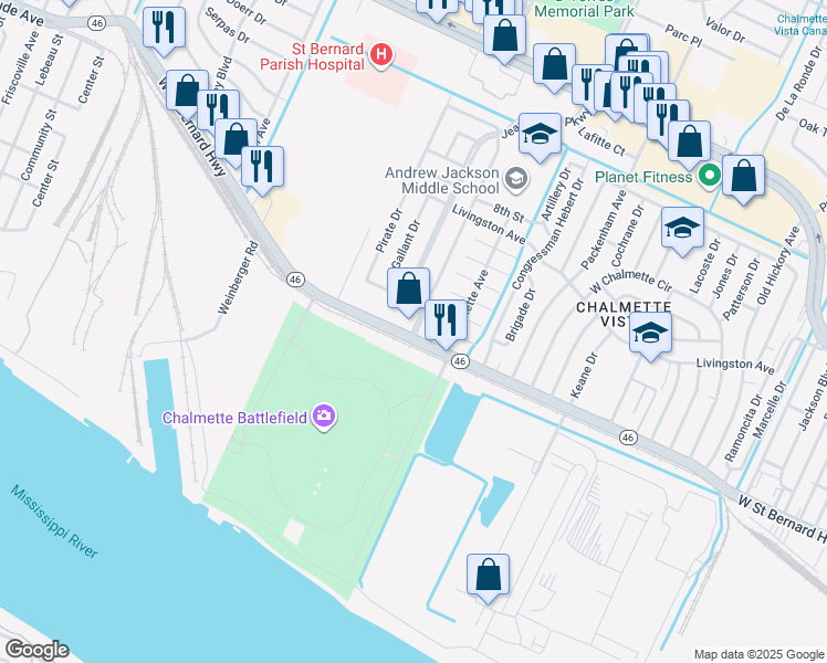 map of restaurants, bars, coffee shops, grocery stores, and more near 8241 West Saint Bernard Highway in Chalmette
