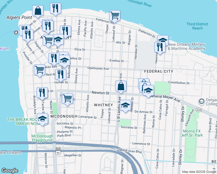 map of restaurants, bars, coffee shops, grocery stores, and more near 914 Leboeuf Street in New Orleans