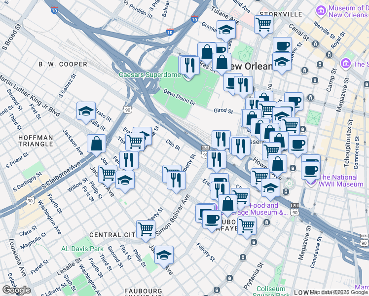 map of restaurants, bars, coffee shops, grocery stores, and more near 2224 Calliope Street in New Orleans