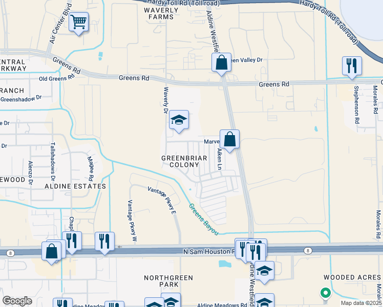 map of restaurants, bars, coffee shops, grocery stores, and more near 15615 Weldon Drive in Houston