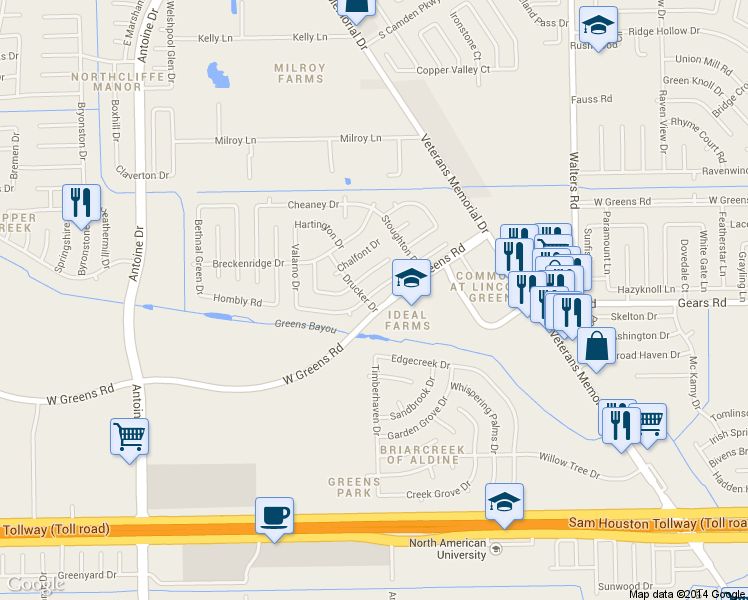 map of restaurants, bars, coffee shops, grocery stores, and more near 3339 Hombly Road in Houston