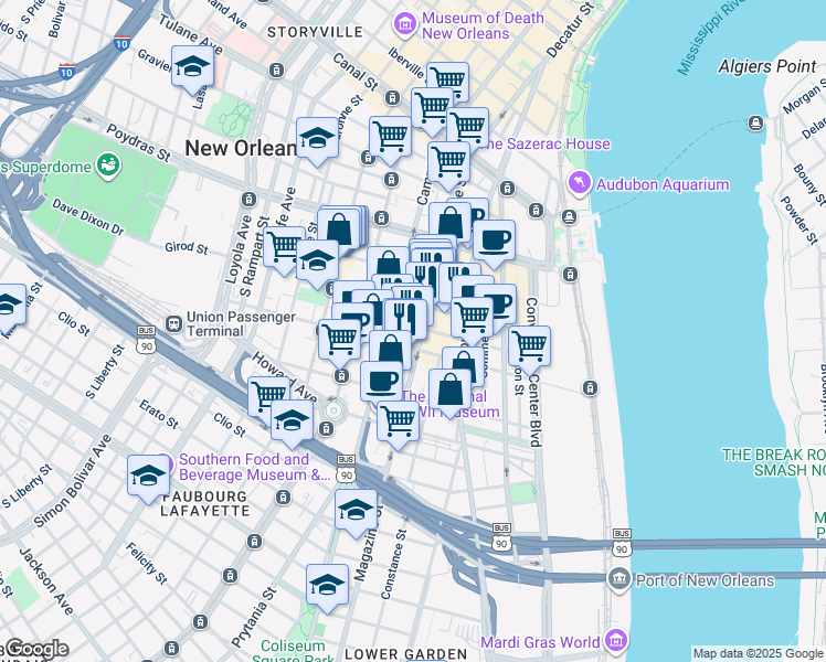 map of restaurants, bars, coffee shops, grocery stores, and more near 755 Magazine Street in New Orleans