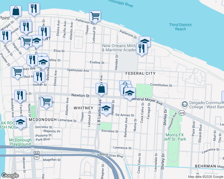 map of restaurants, bars, coffee shops, grocery stores, and more near 901 Hendee Street in New Orleans