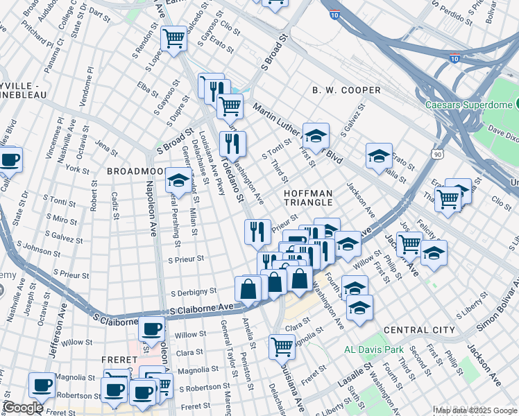 map of restaurants, bars, coffee shops, grocery stores, and more near 3418 Washington Avenue in New Orleans