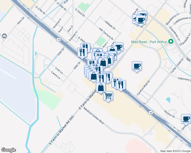 map of restaurants, bars, coffee shops, grocery stores, and more near 8725 Memorial Boulevard in Port Arthur