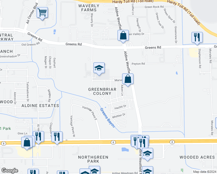 map of restaurants, bars, coffee shops, grocery stores, and more near 15615 Weldon Drive in Houston