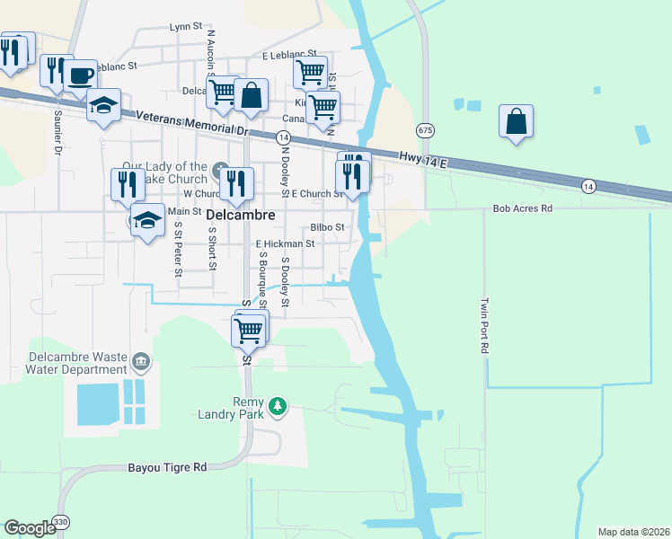 map of restaurants, bars, coffee shops, grocery stores, and more near 645-799 South President Street in Delcambre