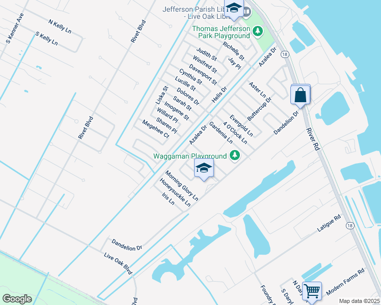 map of restaurants, bars, coffee shops, grocery stores, and more near 9 Primrose Lane in Westwego