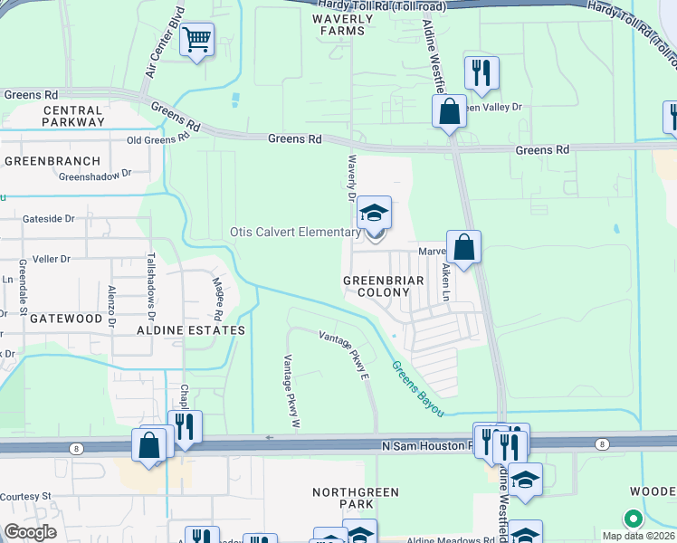 map of restaurants, bars, coffee shops, grocery stores, and more near 15514 Empson Drive in Houston