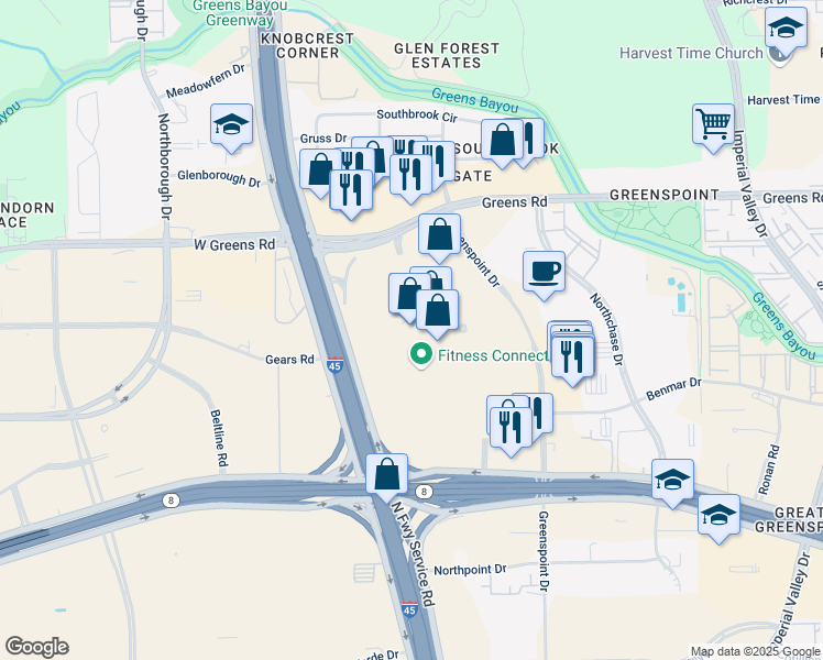 map of restaurants, bars, coffee shops, grocery stores, and more near 12300 North Freeway in Houston