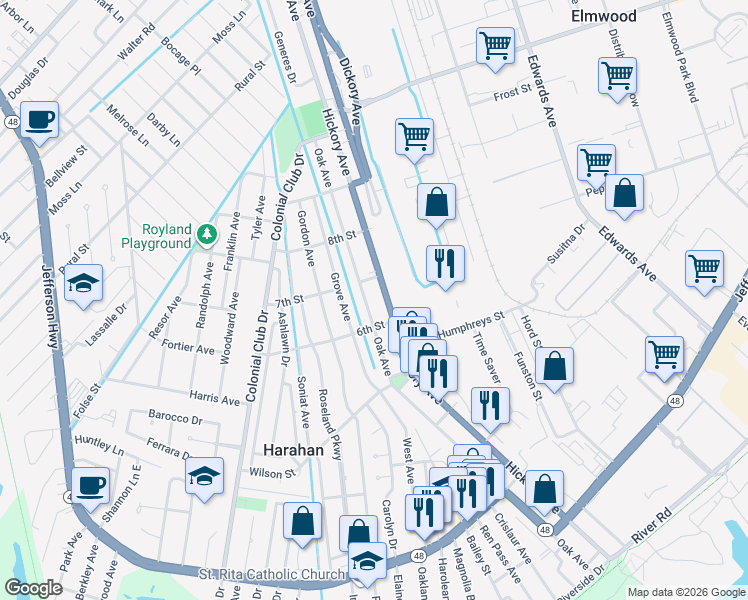 map of restaurants, bars, coffee shops, grocery stores, and more near 665 Oak Avenue in Harahan