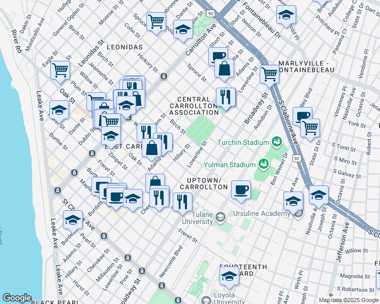 map of restaurants, bars, coffee shops, grocery stores, and more near 7521 Jeannette Street in New Orleans