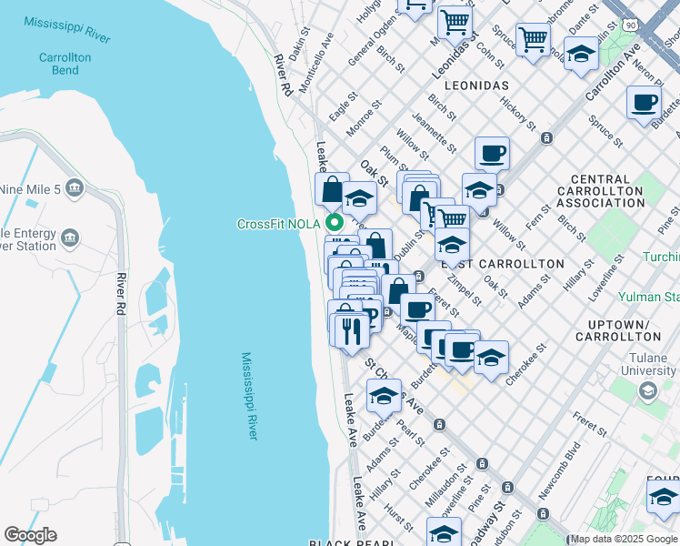 map of restaurants, bars, coffee shops, grocery stores, and more near 742 Dante Street in New Orleans