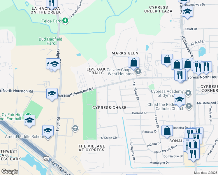 map of restaurants, bars, coffee shops, grocery stores, and more near 14414 Avery Brooke Lane in Cypress