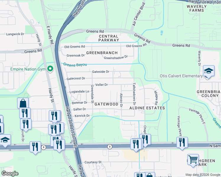 map of restaurants, bars, coffee shops, grocery stores, and more near 15726 Dowlwood Drive in Houston