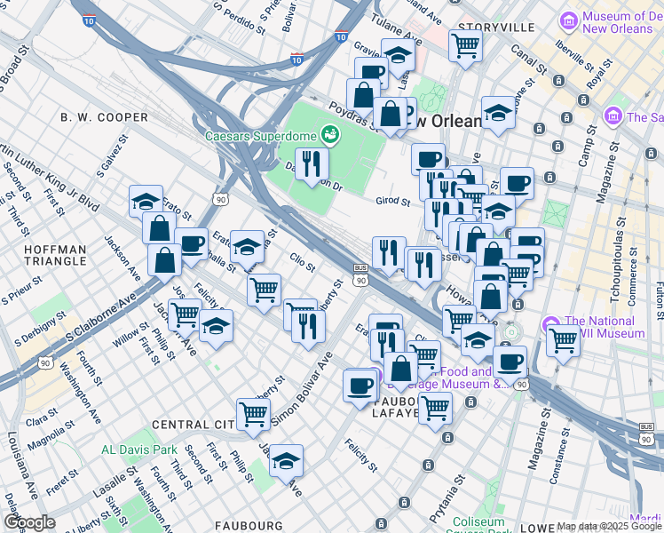 map of restaurants, bars, coffee shops, grocery stores, and more near 2224 Calliope Street in New Orleans
