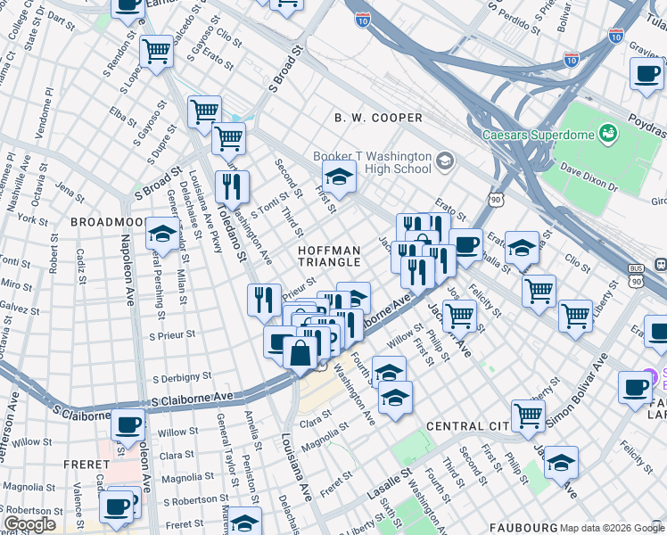 map of restaurants, bars, coffee shops, grocery stores, and more near 2529 South Prieur Street in New Orleans