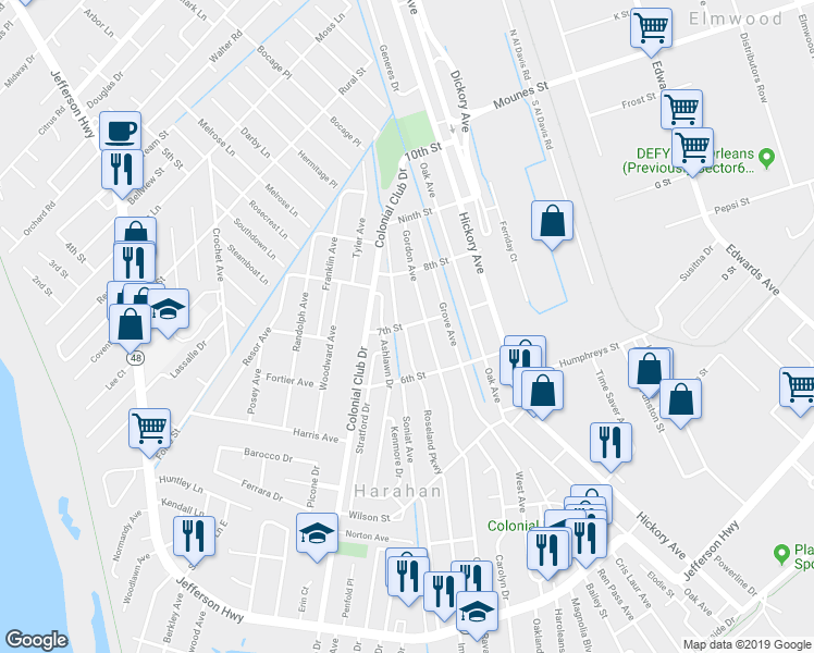 map of restaurants, bars, coffee shops, grocery stores, and more near 701 Roseland Parkway in Harahan
