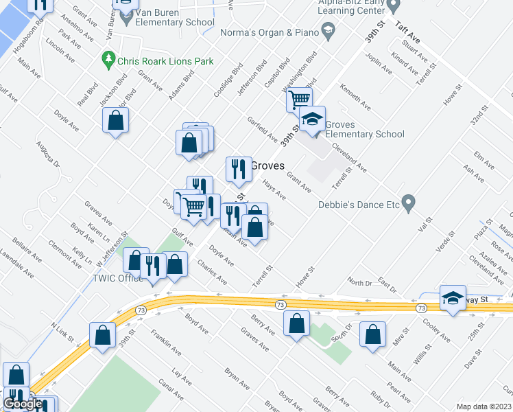 map of restaurants, bars, coffee shops, grocery stores, and more near 3862 Lincoln Avenue in Groves