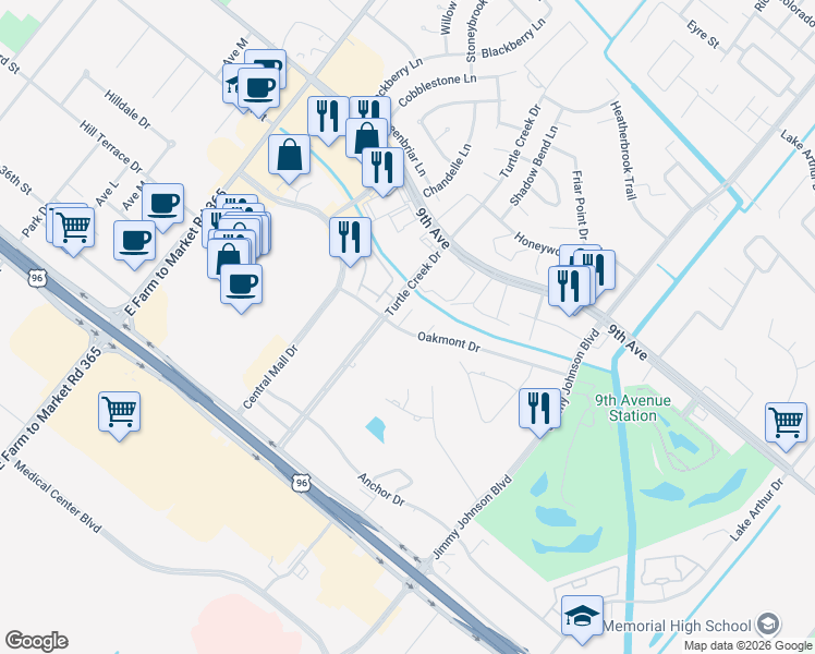 map of restaurants, bars, coffee shops, grocery stores, and more near 3300 Roya Ct in Port Arthur