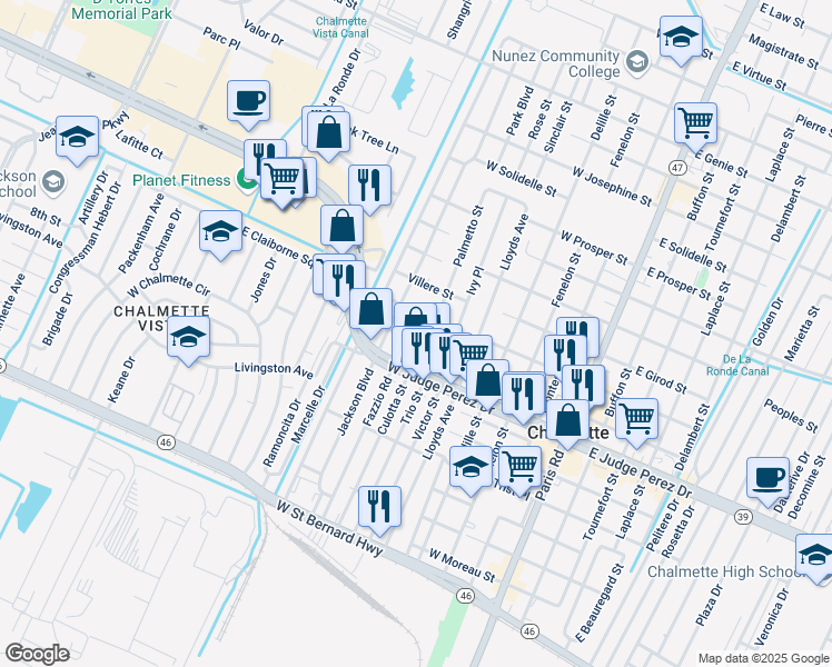 map of restaurants, bars, coffee shops, grocery stores, and more near 725 Marais Street in Chalmette