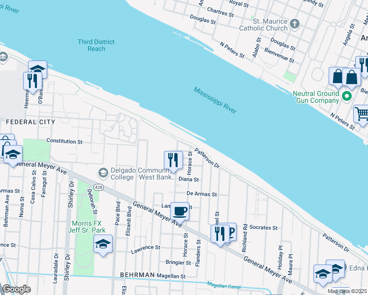 map of restaurants, bars, coffee shops, grocery stores, and more near 3234 Homer Street in New Orleans