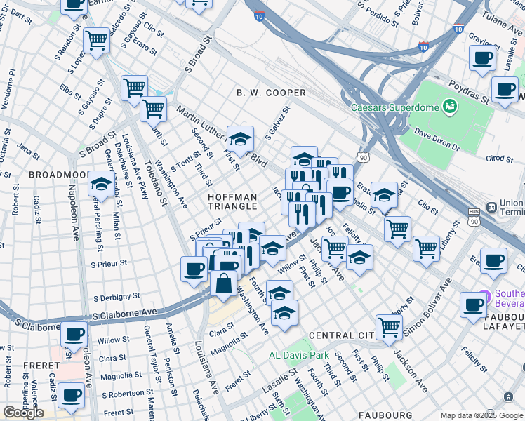 map of restaurants, bars, coffee shops, grocery stores, and more near 2417 South Roman Street in New Orleans