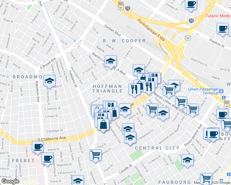map of restaurants, bars, coffee shops, grocery stores, and more near 2417 South Roman Street in New Orleans