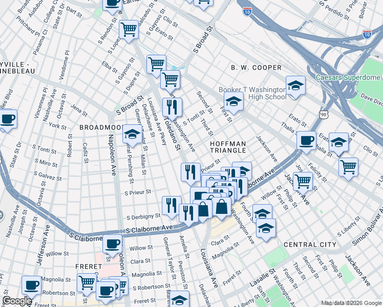 map of restaurants, bars, coffee shops, grocery stores, and more near 3418 Washington Avenue in New Orleans