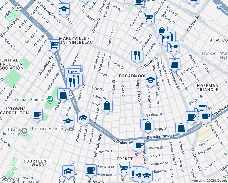 map of restaurants, bars, coffee shops, grocery stores, and more near 3534 Robert Street in New Orleans